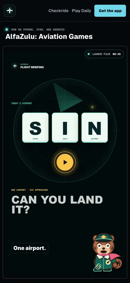 AlfaZulu on a phone: today's airport puzzle, the code SIN, with the headline Can you land it?